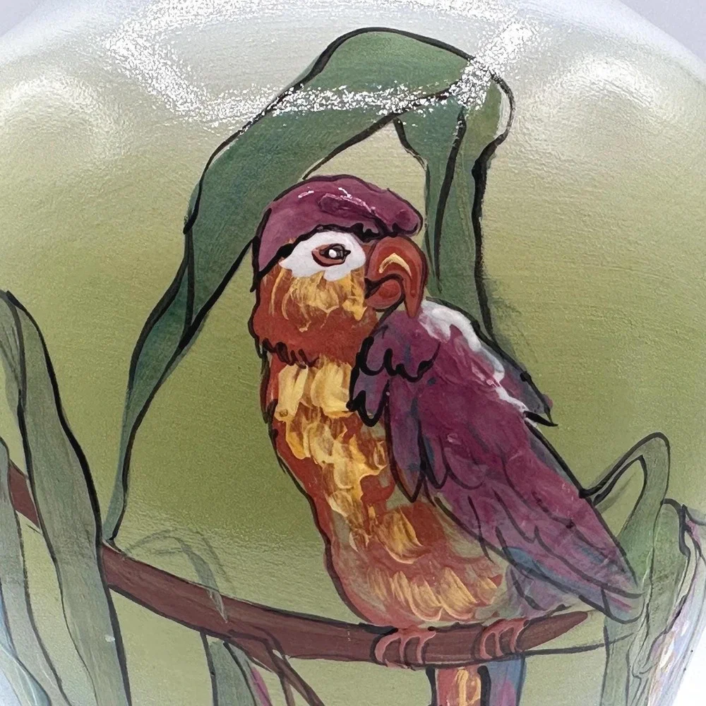 Rick Wisecarver Handcrafted Tropical Bird Ceramic Vase 1982 Green Blue 10in